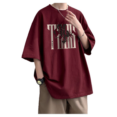 暗红色短袖T恤男夏季纯棉半袖