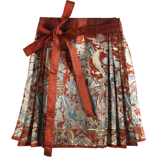 新中式女童马面裙红色织锦短款改良版国风中大童百褶裙秋冬拜年服