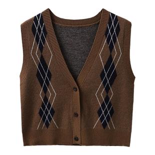 100%纯羊毛菱格马甲针织开衫女春秋穿搭时尚外穿内搭无袖背心上衣
