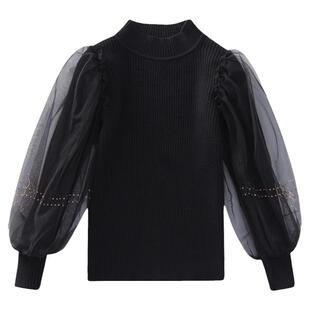 女童半高领打底衫秋冬2025新款洋气百搭泡泡袖儿童针织衫女孩毛衣