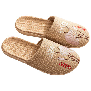 中国风包头亚麻拖鞋男情侣居家女绣花家居用棉麻托地板麻质凉拖鞋