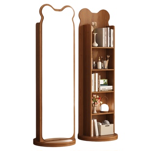 中古小熊旋转穿衣镜可移动全身落地镜家用杂志书架储物试衣镜子