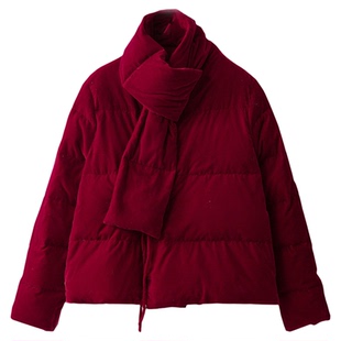 丝艺 国标90白鸭绒国风羽绒服丝绒带围巾短外套V领盘扣冬棉衣棉服