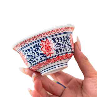 老陶泥缠枝莲压手杯功夫茶杯青花釉里红手绘主人杯满彩单个品茗杯