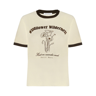 Petit Bari复古撞色花卉印花短袖T恤 索罗纳凉感棉弹透气夏季上衣