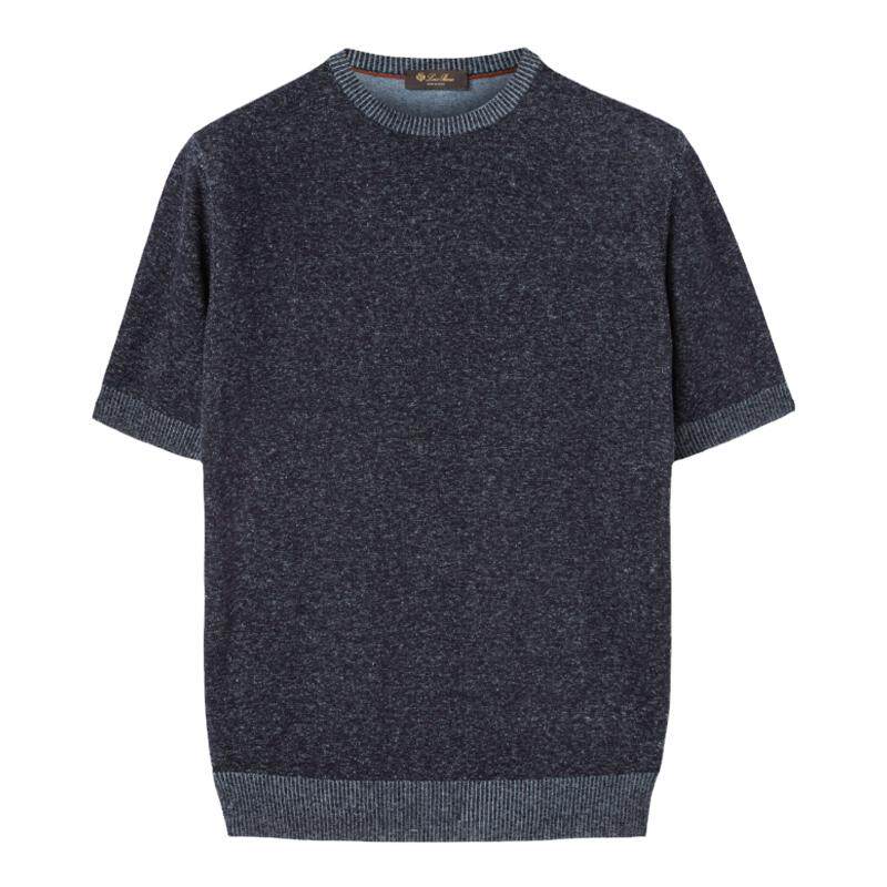 Loro Piana/诺悠翩雅男装桑蚕丝和亚麻深蓝色圆领短袖T恤