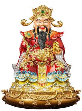彩铜财神爷摆件招财聚宝盆家用供奉真黄铜制文财神铜像办公室大号