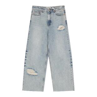 RECTO 秋冬新款女士时尚休闲简约破洞阔腿牛仔裤银泰百货精品