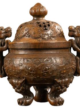 竹雕兽耳饕餮纹三足香薰