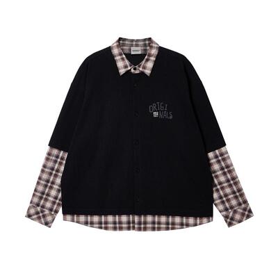 杰克琼斯男装春季新款纯棉OVERSIZED假两件格纹翻领长袖衬衫外套