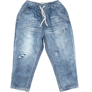 七分裤女夏季新款高腰大码宽松胖妹显瘦哈伦裤松紧腰女士牛仔裤薄