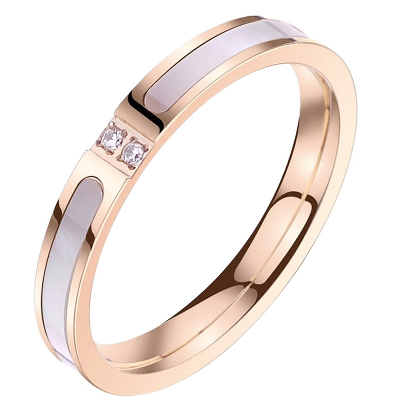 韩版钛钢微镶双钻白贝母戒指ring