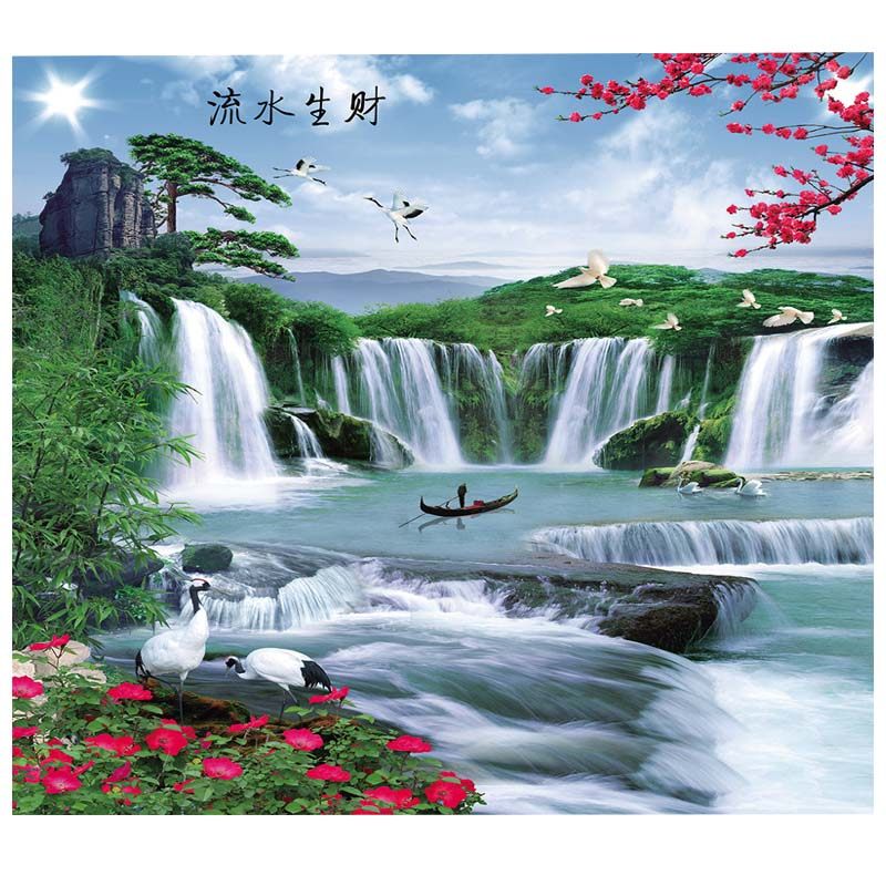 3d无纺布流水生财大型壁画5D客厅沙发电视背景墙壁山水风景墙布8D