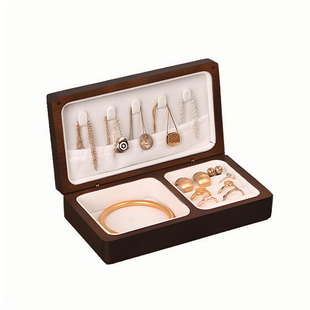 新品实木首饰盒耳钉项链戒指收纳盒手镯饰品盒便携梳妆台胡桃木色