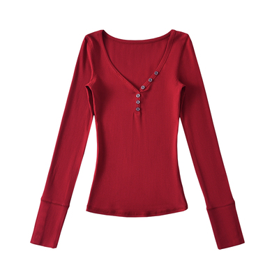 性感大V领修身收腰长袖T恤上衣