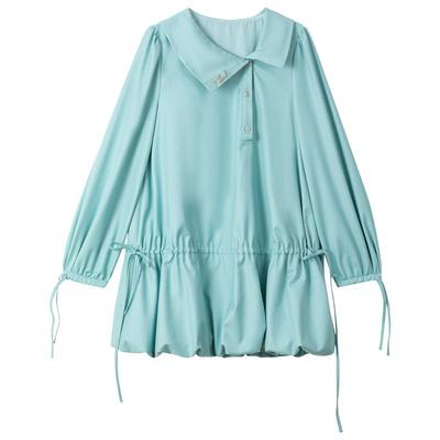 KEIKO 俏皮减龄湖蓝色连衣裙25秋季温柔感灯笼袖抽绳花苞蓬蓬短裙