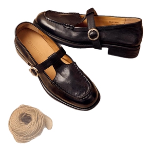 natursun厚底乐福鞋女春季英伦风T字扣单鞋法式复古镂空玛丽珍鞋