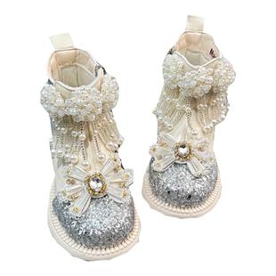 女童白色走秀靴子春秋款水晶鞋子2025新款冬天公主靴韩版时尚洋气
