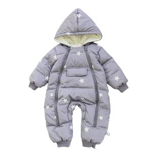 婴童冬装羽绒连体衣男女宝宝星星紫色羽绒哈衣爬服小潮童拉链连帽