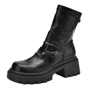 达芙妮厚底短靴女2025新款瘦瘦靴高跟冬季加绒靴子增高皮鞋马丁靴