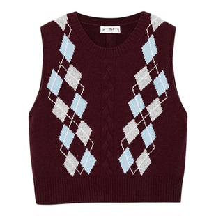 PIT复古咖色华夫格马甲女套头毛针织衫2025春季新款马夹外套