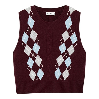 PIT复古咖色华夫格马甲女套头毛针织衫2025春季新款马夹外套