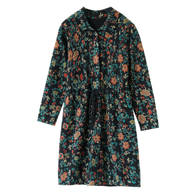 品牌女装2025秋冬羊毛连衣裙长袖印花收腰新中式国风中长款毛衣裙