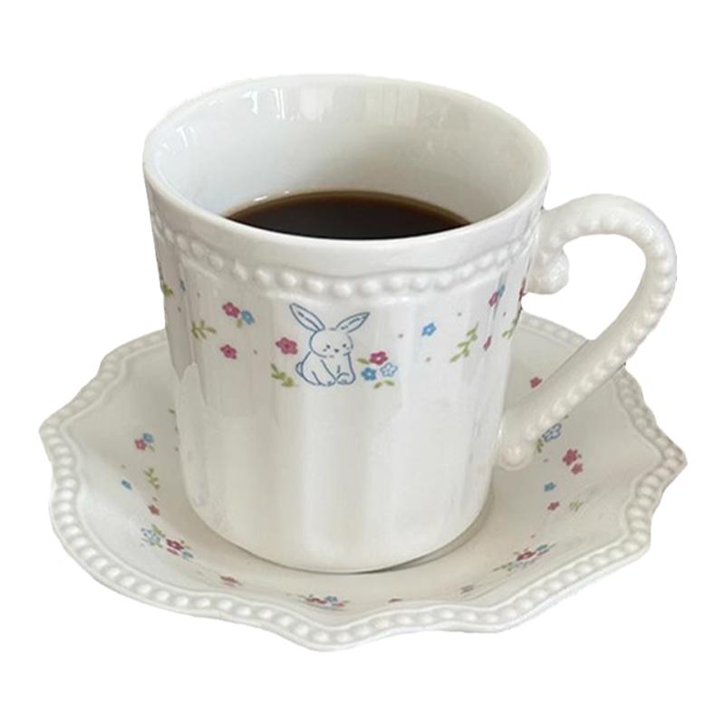 ins可爱兔兔咖啡杯碟高颜值下午茶陶瓷花边甜品盘马克杯伴手礼女