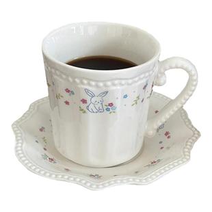 ins可爱兔兔咖啡杯碟高颜值下午茶陶瓷花边甜品盘马克杯伴手礼女
