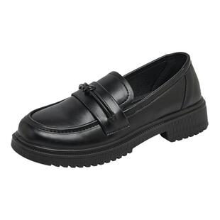 大东厚底乐福鞋女2026春季新款一脚蹬粗跟单鞋学院风黑色小皮鞋