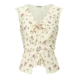 SHRO ENRO春季新款时尚V领扭结褶裥碎花设计感上衣半裙时尚套装女