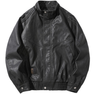 高级感痞帅复古怀旧风黑色PU皮衣外套男宽松大码美式潮牌立领夹克