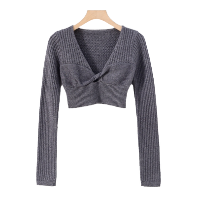 性感大V领镂空针织衫露脐上衣