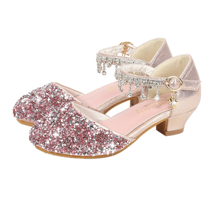 儿童凉鞋2026年春秋新款公主鞋高跟水钻鞋子女童礼服走秀演出鞋子