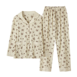 新一步纯棉睡衣女薄款翻领开衫胖妈妈款长裤长袖可穿180斤家居服