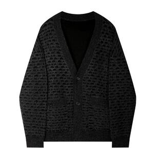 V领开衫男镂空织法针织衫2026年保暖帅气简约高级感外穿毛衣外套