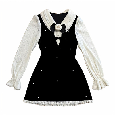 越韩小鱼 莉芙千金 法式甜美气质丝绒连衣裙假两件拼接黑色短裙女