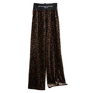 豹纹金丝绒裤子新款春秋款高端进口黑色直筒高腰垂坠宽松阔腿裤女