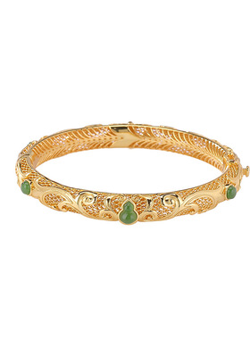 山予棠S925纯银镀金和田玉碧玉复古国风福禄葫芦唐草纹手镯银手环