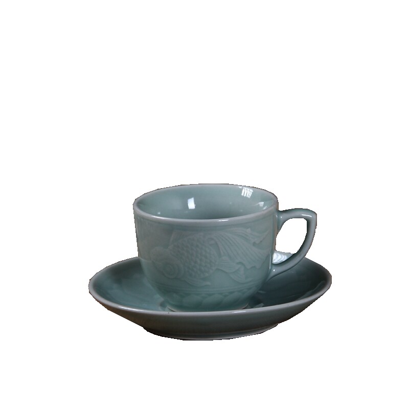 龙泉青瓷 国营老厂 瓷器 文革瓷 老货 龙泉窑金鱼咖啡杯茶杯 杯垫
