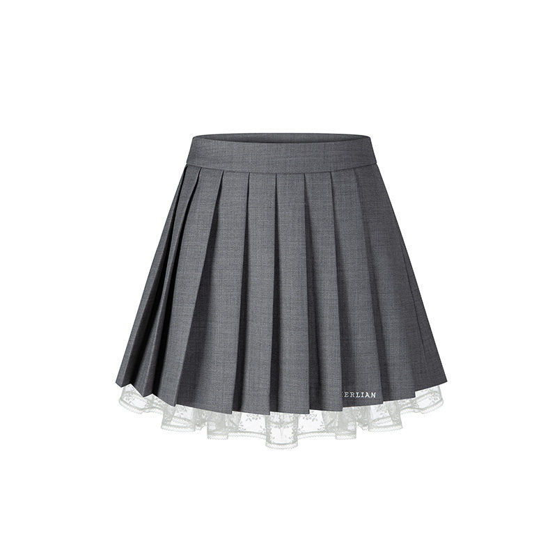HERLIAN女士百褶短裙蕾丝拼接刺绣logo半裙牛仔短裙