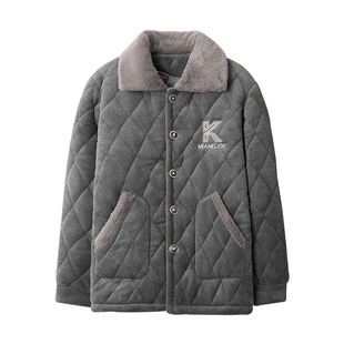 单件上衣夹棉珊瑚绒加厚男士睡衣保暖大码中老年人爸爸家居服冬天