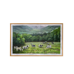若奈 犀牛艺廊手绘中古油画《瑞士山下》风景绿色草原客厅装饰画