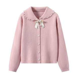DDXZ夕子设计感甜美娃娃领针织开衫保暖蝴蝶结珍珠纽扣宽松毛衣女