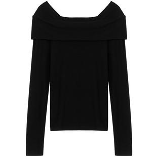 LAGOGO黑色修身气质长袖T恤女拉谷谷2025年春季新款一字领上衣