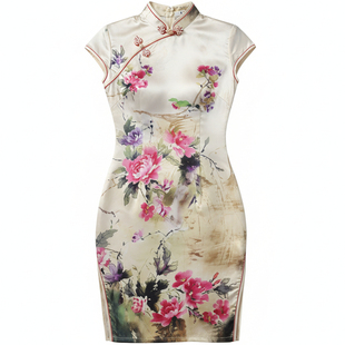 Retro print slim short cheongsam    复古印花修身短款开衩旗袍