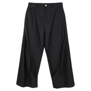 JUST SHINE/时晒高级感黑色阔腿裤剪裁垂坠感小众设计拖地长裤