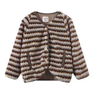 senbaby童装儿童外套2025冬季复古风儿童保暖加绒长袖条纹毛开衫