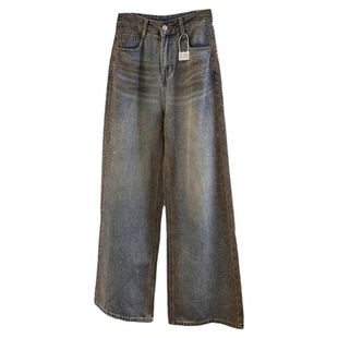 嘉嘉春季新品复古高腰烫钻阔腿牛仔裤女显瘦时尚潮流闪钻直筒长裤