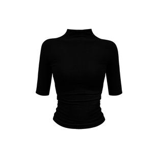 VOCK 纸片人 高智感辣妹黑色中袖小高领露背弹力正肩内搭打底上衣